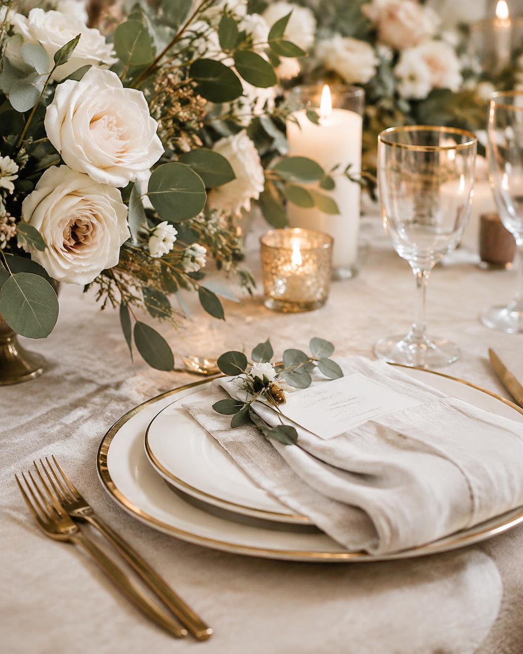 Gold-rimmed table setting with ivory roses (sample image)